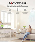 SocketAir Wireless Ceiling Fan Light With Remote Extender shown in a modern living room, highlighting features and specs.