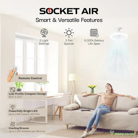 SocketAir Wireless Ceiling Fan Light With Remote Extender shown in a modern living room, highlighting features and specs.