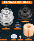 Package contents of Beefed Up Aluminum Oil Filter Housing Cap Assembly Kit 6061 T6 Billet Aluminum Construction Leakproof Seal