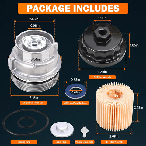 Package contents of Beefed Up Aluminum Oil Filter Housing Cap Assembly Kit 6061 T6 Billet Aluminum Construction Leakproof Seal