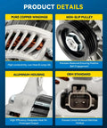 Built Tough Alternator Fits 2003 Through 2005 Chrysler Pt Cruiser 2.4L And Dodge Neon 2.0L showing pure copper windings and aluminum housing.