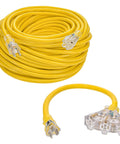 150 Ft 12/3 SJTW Yellow Outdoor Extension Cord With Power Indicator Light, 15 Amp Heavy Duty, shown with 3 outlet adapter