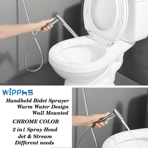 Stainless Steel Handheld Bidet Sprayer For Toilet With Warm Water, showing brass mixing valve and polished silver finish in use