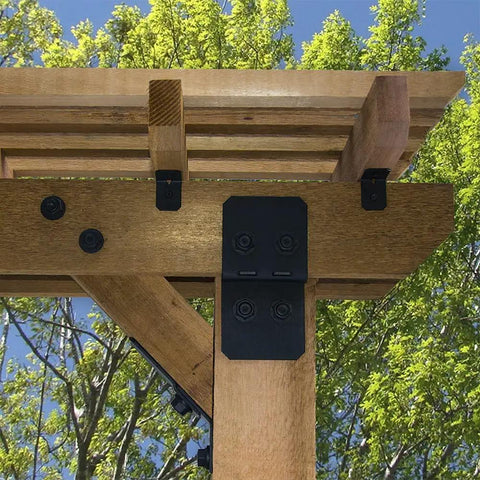 Outdoor pergola with 6 Inch Post To Beam Flush Connector Bracket Kit Beefy Built Black Powder Coated Steel For Wood Posts And Aluminum Rails