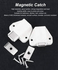 Strong Magnetic Catch Door Latch Set 8pcs with 7x4x1.6cm White ABS suction catches, screws, and plates for cabinets