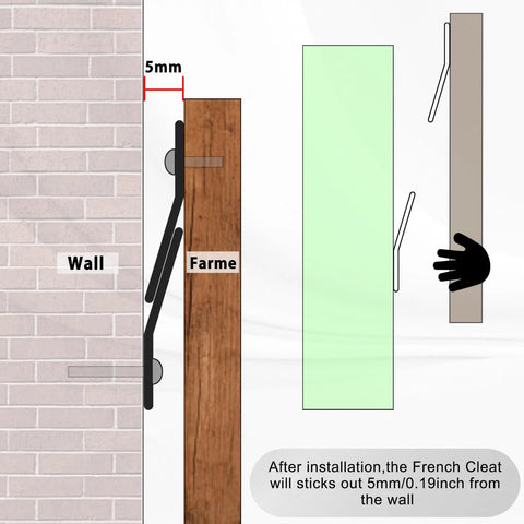 Illustration of Heavy Duty 10 Inch French Cleat Hanger And Z Clip Picture Hanging Kit With 60 Lb Support showing wall installation.