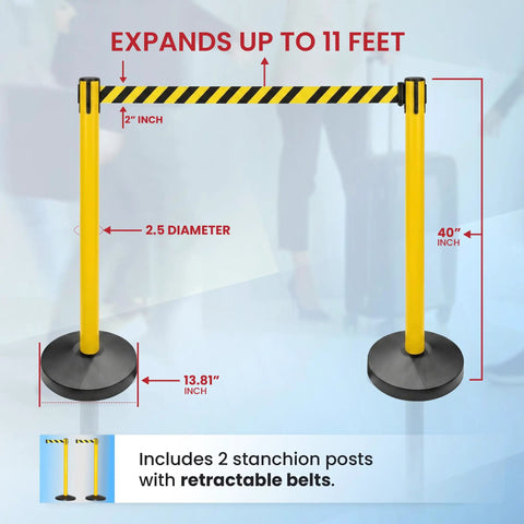 Two Pack Stanchion Belt Barrier Set With 11 Foot Retractable Belts Black And Yellow Posts 40 Inch High Heavy Duty Concrete Base