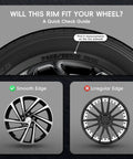 Pro Grade Black Wheel Rim Protectors Four Pack Universal Tire Edge Guards Shield Alloy Rims From Curb Rash Killer And Gravel Scuffs Street Legit Car Truck Suv Tesla Ride Armor tire fit guide showing smooth and irregular rim edges.