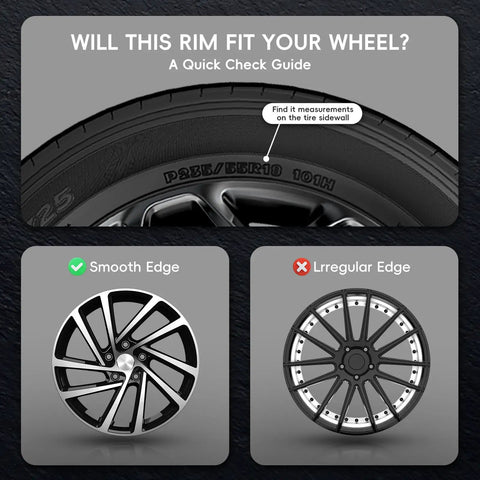 Pro Grade Black Wheel Rim Protectors Four Pack Universal Tire Edge Guards Shield Alloy Rims From Curb Rash Killer And Gravel Scuffs Street Legit Car Truck Suv Tesla Ride Armor tire fit guide showing smooth and irregular rim edges.