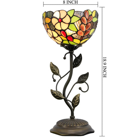 Small Tiffany Stained Glass Table Lamp With Uplight Accent, Brown Grape Style, Metal Leaf Base, 18.9 Inch Tall, 8 Inch Shade