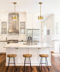 Dope Modern Brass Pendant Light With Clear Glass Shade, Adjustable Height Up To 59 Inches, ETL Listed, in a sleek kitchen