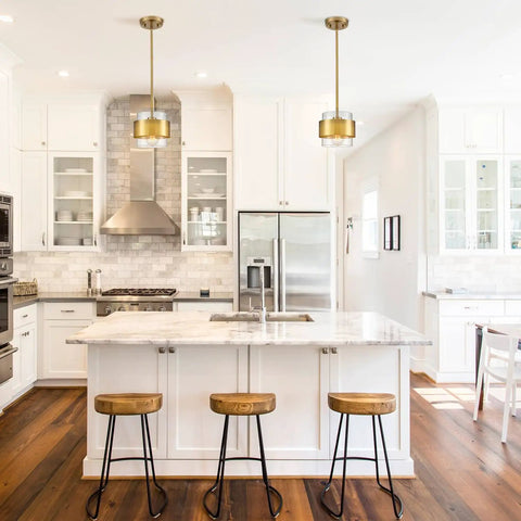 Dope Modern Brass Pendant Light With Clear Glass Shade, Adjustable Height Up To 59 Inches, ETL Listed, in a sleek kitchen