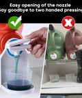 2 Pack Laundry Detergent Dispenser Cup Holder With Nozzle Button Upgrade No More Messy Drips And Runny Detergent Easy One Hand Use Cup Holder shown in use with detergent bottle