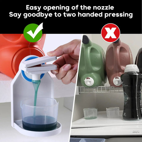 2 Pack Laundry Detergent Dispenser Cup Holder With Nozzle Button Upgrade No More Messy Drips And Runny Detergent Easy One Hand Use Cup Holder shown in use with detergent bottle