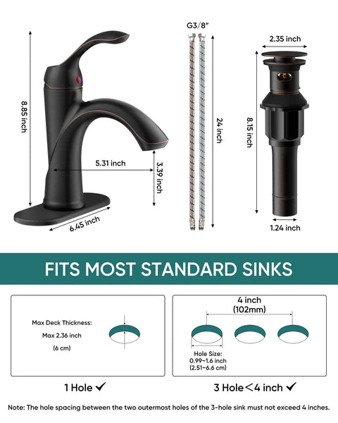 Diagram of Oil Rubbed Bronze One Hole Bathroom Faucet With One Handle Lever, Rustic Lavatory Basin Mixer Tap, Pop Up Drain, Hoses