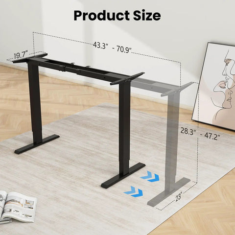 Esupy Dual Motor Electric Standing Desk Frame With Height Adjustable Sit To Stand Up Base Heavy Duty DIY Desktop Legs 4 Memory Controller Over 300 Lb Load Capacity Smooth Quiet Operation For Home Office Setup dimensions measurement graphic on surface.