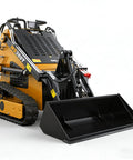 Yellow Mini Crawler Skid Steer Loader with 13.5HP EPA RATO Gasoline Engine, stand-on compact loader, 42-inch bucket for construction use.