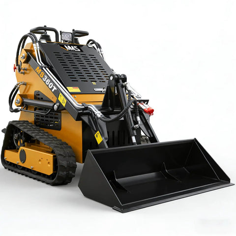 Yellow Mini Crawler Skid Steer Loader with 13.5HP EPA RATO Gasoline Engine, stand-on compact loader, 42-inch bucket for construction use.