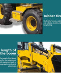 All-Purpose Backhoe Loader With Front Loader And Backhoe Attachments showing rubber tire and boom length details