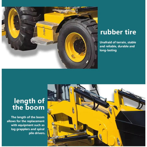 All-Purpose Backhoe Loader With Front Loader And Backhoe Attachments showing rubber tire and boom length details