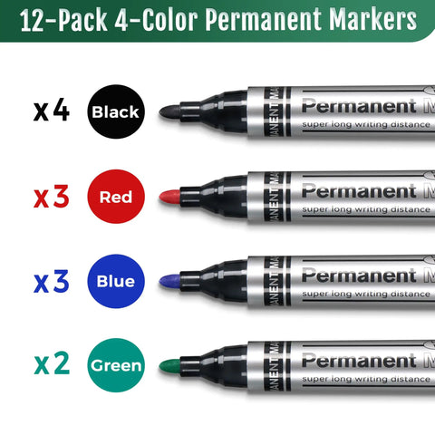 Heavy Duty Permanent Markers With Smooth Fine Tips In Bold Black Red Blue And Green feature four markers showing colors and tips.