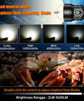 Four In One Dive Light For Scuba With 3600 Lumen Floodlight, 2000 Lumen Spotlight, red and UV modes, dimming illustration.
