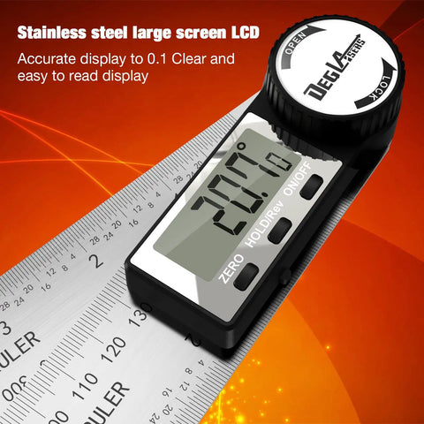 Kickass Digital Angle Finder And Protractor 7 Inch Stainless Steel Measuring Ruler With Bright LCD Display on ruler with clear reading.