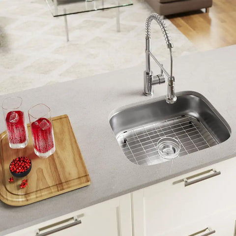 Kitchen view of ADA2318 18 Stainless Steel Undermount Sink 23 Inch Single Bowl featuring 18 Gauge Durability and Wide Curved Corners.