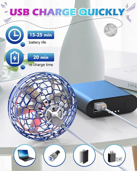USB charging Hand Controlled Flying Orb With Lights Boomerang Drone For Kids Indoor Outdoor Fun beside power bank