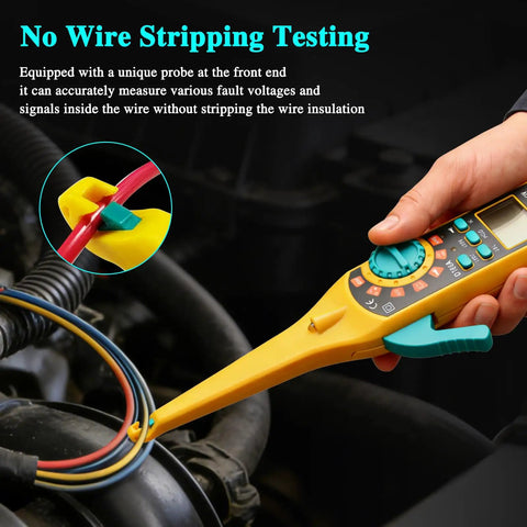 Hand using Automotive Circuit Tester With Hook Probe, 4 In 1 Digital Multimeter for car diagnostics without wire stripping