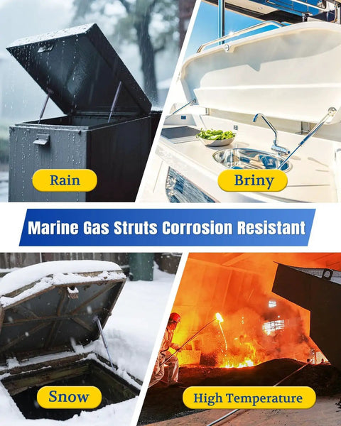 Beefy 20 Inch Stainless Gas Struts 80 Lb Marine Grade 2 Pack With Brackets in rain, briny, snow, high temperature environments