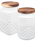 Vintage Matte White Glass Storage Jars With Airtight Wood Lids 1800ML Set Of 2, textured design, ideal for kitchen organization.