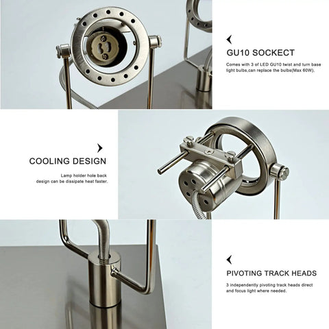 Close-up of Three Light Ceiling Track Lighting Fixture With Flexible GU10 Heads In Brushed Nickel showing GU10 socket details and design.