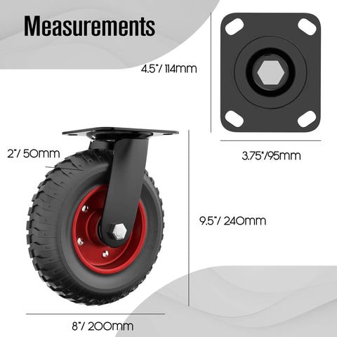 8 Inch Heavy Duty Caster Wheels With Polyurethane Tread For All Terrain Use, swivel caster with detailed measurements