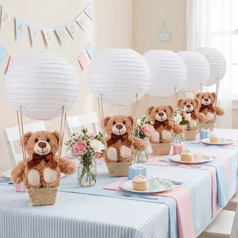Six Set Large Hot Air Balloon Centerpiece Kit With 13.7 Inch Plush Bears White Paper Lantern Baskets on party table.