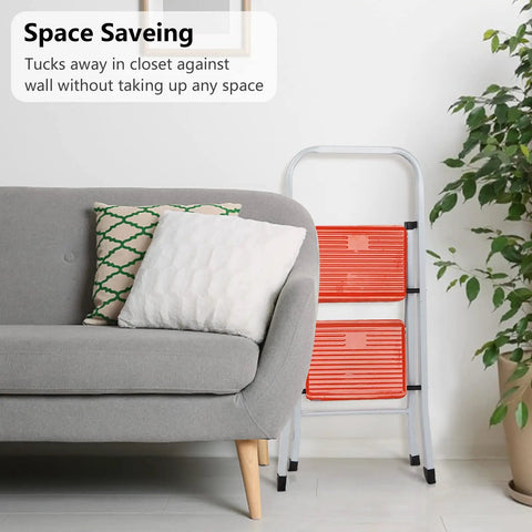 2 Step Folding Ladder With Handgrip, Heavy Duty Step Stool For Home And Kitchen next to gray sofa, compact fold, space-saving
