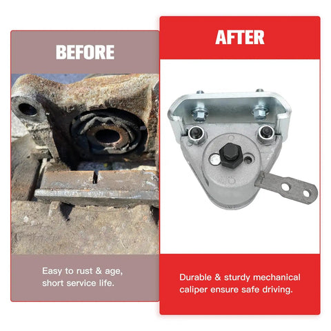 Before and after of Beefed-Up Go Kart Mechanical Disc Brake Caliper And Bracket Kit For Manco 9598 9597 installation