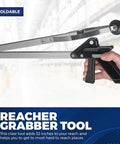 Hand holding 32 Inch Reacher Grabber Tool Set 2 Pack Lightweight Durable Folding Claw, shown in folded position for easy storage.