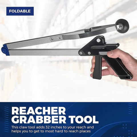 Hand holding 32 Inch Reacher Grabber Tool Set 2 Pack Lightweight Durable Folding Claw, shown in folded position for easy storage.