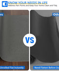 Comparison of Non Adhesive Non Slip Foam Shelf Liner with easy unroll vs other requiring flattening.