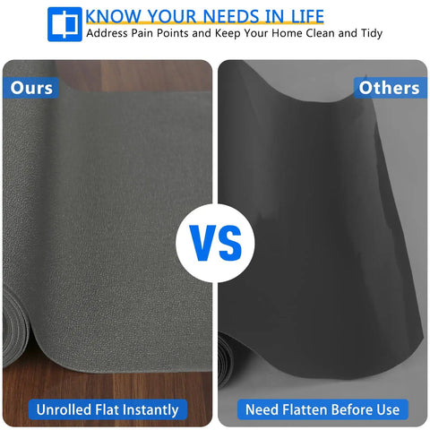 Comparison of Non Adhesive Non Slip Foam Shelf Liner with easy unroll vs other requiring flattening.