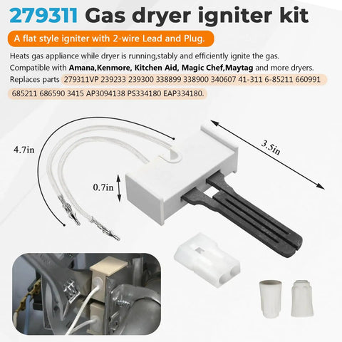 279311 gas dryer igniter kit with flat style igniter, lead, and plug for upgraded gas dryer repair kit with igniter and gas valve coils