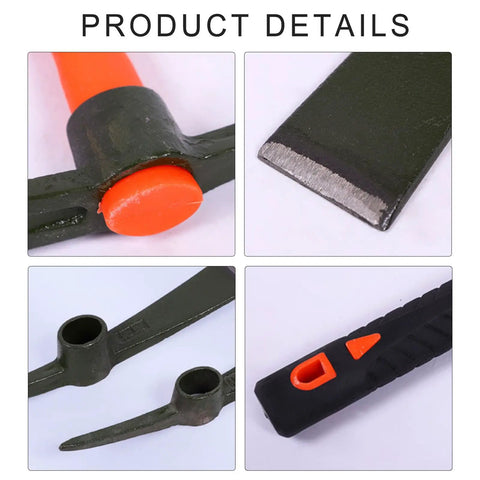 Compact Heavy Duty Miniature Pick Mattock with fiberglass handle close-up of blade and grip details for gardening and landscaping.