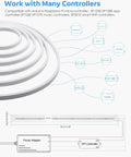 Diagram showing compatibility of 16.4Ft LED Neon Rope Lights Addressable LED Strip with various controllers, 5m length.