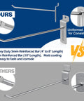 Comparison of heavy duty 6 inch slatwall hooks set in silver with 5mm wire, showing anti-slip and reinforced design for high traffic use