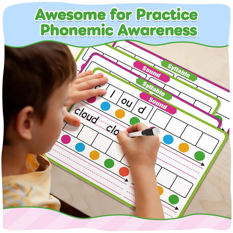 Child using 12 Pack Phonemic Awareness Dry Erase Cards 9 By 12 Inch for sound, syllable, and phonics practice.