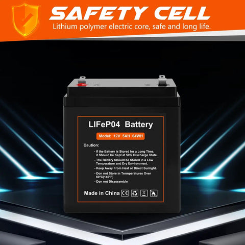 12V 5Ah LiFePO4 Rechargeable Backup Battery With BMS For Garage Door Openers in front of an orange safety cell banner