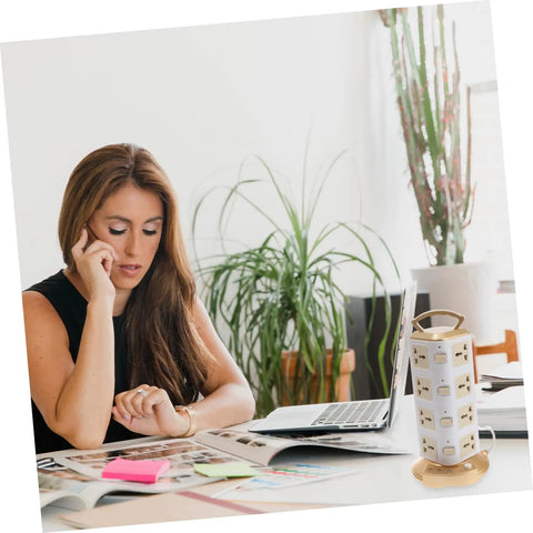 Woman studying at desk with Bang For Your Buck Usb Power Strip With Heavy Duty Ac Outlets And Rapid Charge Ports.