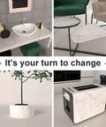 Various furniture surfaces covered with Marble Peel And Stick Contact Paper 24 Inches By 196 Inches Waterproof Removable Self Adhesive Film
