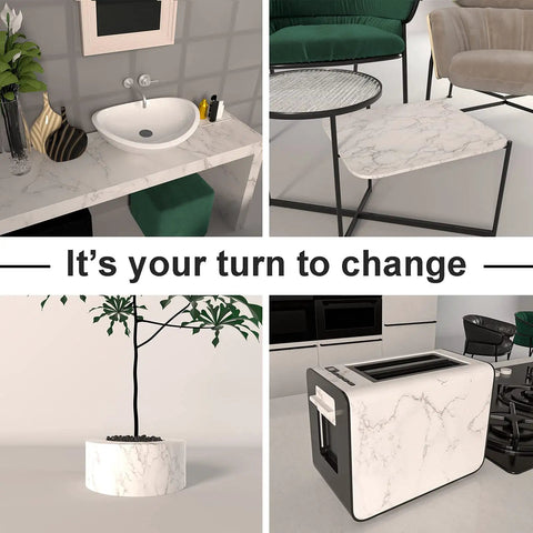 Various furniture surfaces covered with Marble Peel And Stick Contact Paper 24 Inches By 196 Inches Waterproof Removable Self Adhesive Film